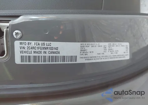 2022 Chrysler Pacifica Touring z USA, uszkodzony, nr VIN 2C4RC1FGXNR103142